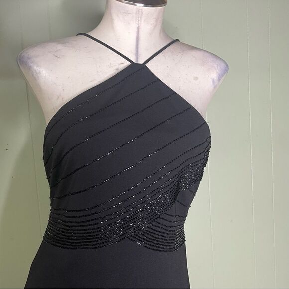 90s Vintage De Laru Black Beaded Halter Prom Gown Black Flowy Maxi Dress 7/8 - Picture 3 of 10